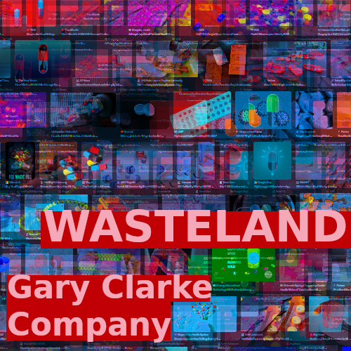 A background of brightly coloured overlaid images of pills. Pale pink text in blood-red boxes reads 'WASTELAND, Gary Clarke Company'