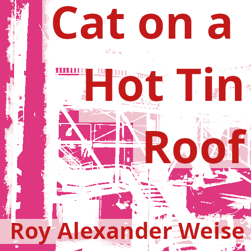A blown-out photograph of the Royal Exchange Theatre module, in pink and white. Overlaid text reads, 'Cat on a Hot Tin Roof', Roy Alexander Weise