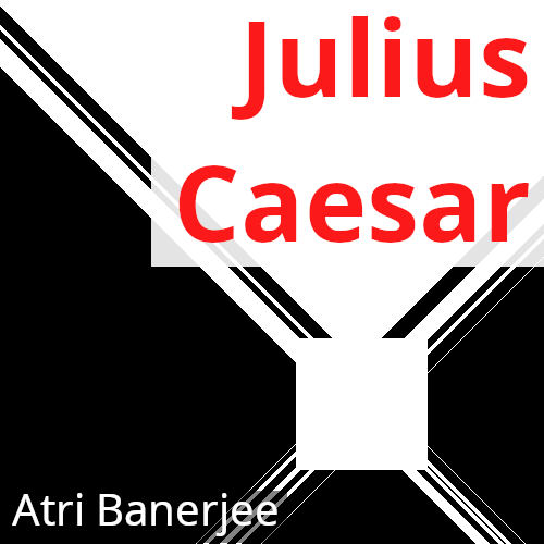 A white square with white lines coming off at diagonals, patches around the square are filled in black or white. Red and white text reads 'Julius Caesar, Atri Banerjee'